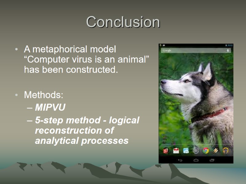 Conclusion A metaphorical model “Computer virus is an animal” has been constructed.  
